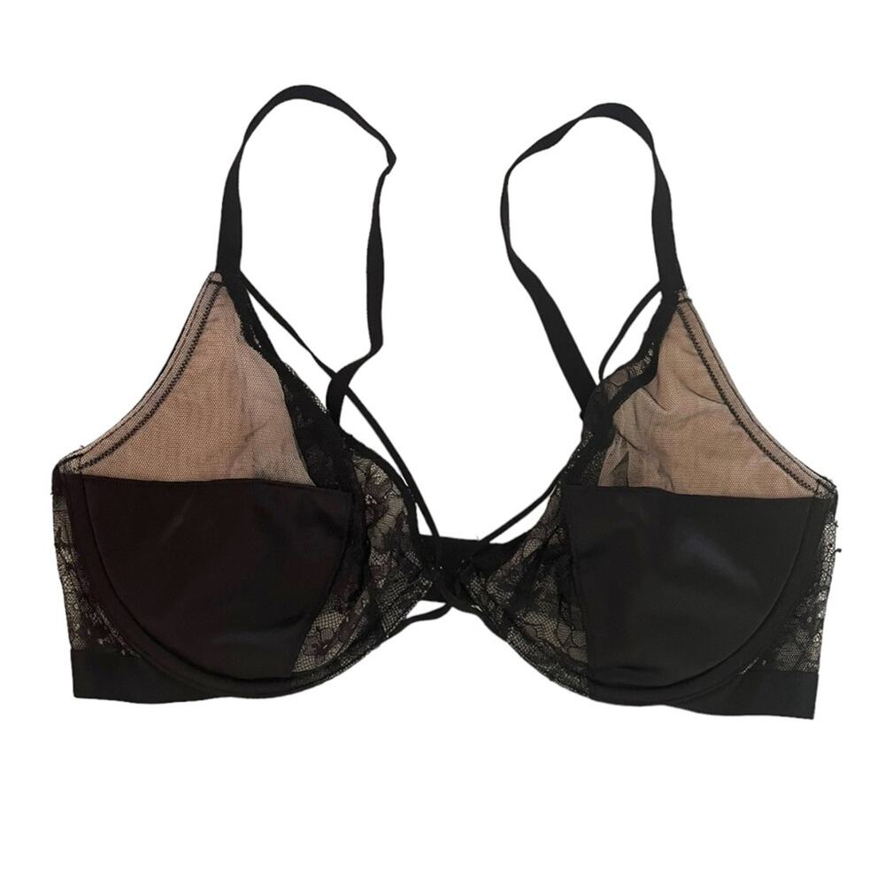 Victoria’s Secret Unlined Plunge Lace Overlay Faux Leather Detail Bra Size 34DD